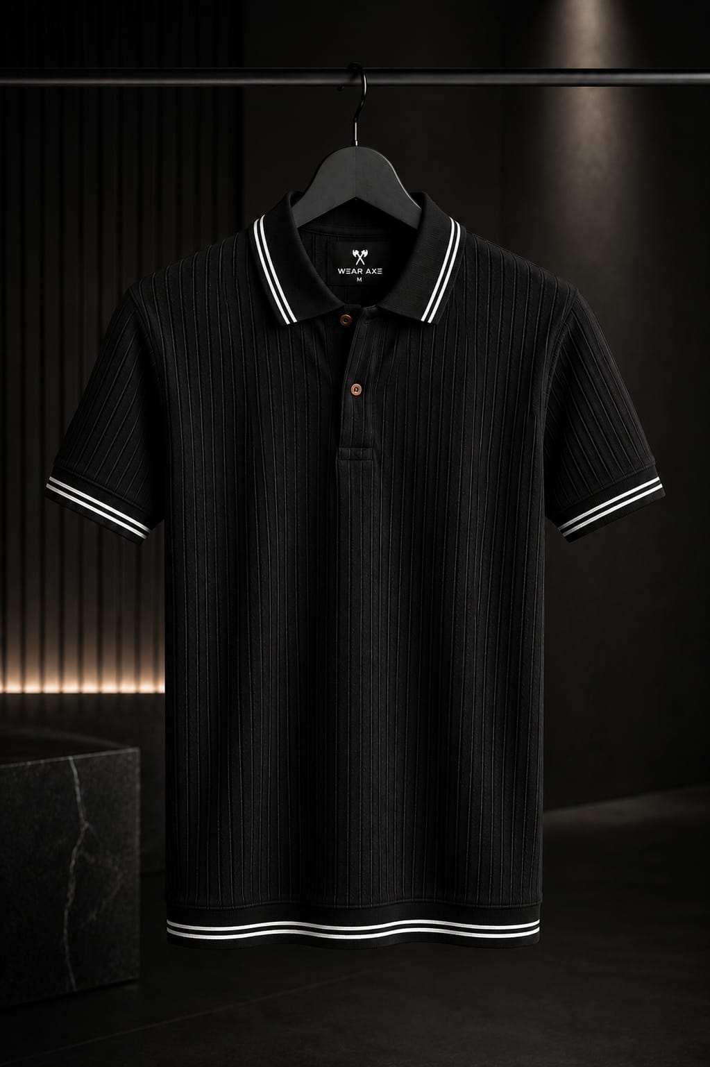 Black Ribbed Polo | Signature Stripe Detail