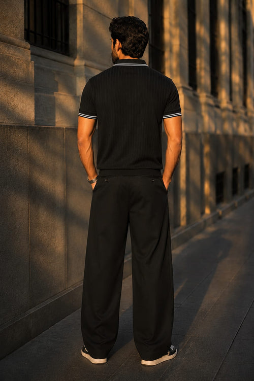 Black Ribbed Polo | Signature Stripe Detail