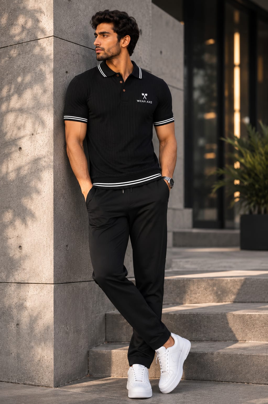 Black Ribbed Polo | Signature Stripe Detail