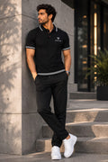 Black Ribbed Polo | Signature Stripe Detail