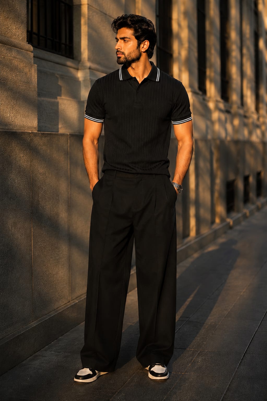 Black Ribbed Polo | Signature Stripe Detail