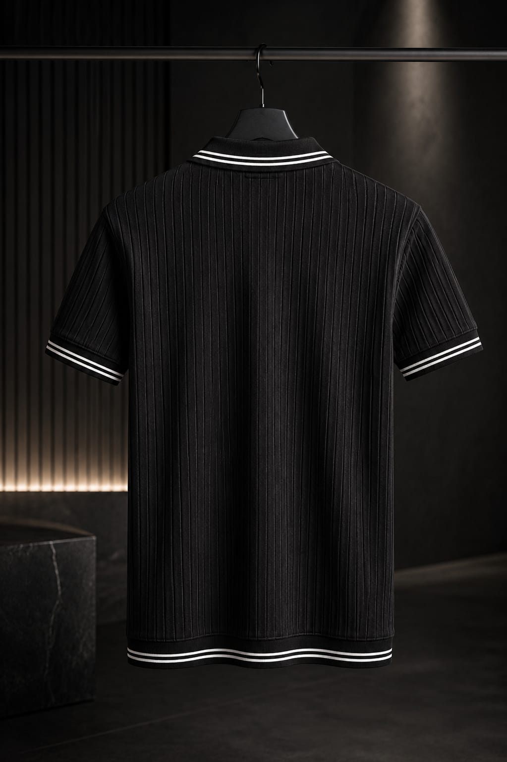 Black Ribbed Polo | Signature Stripe Detail